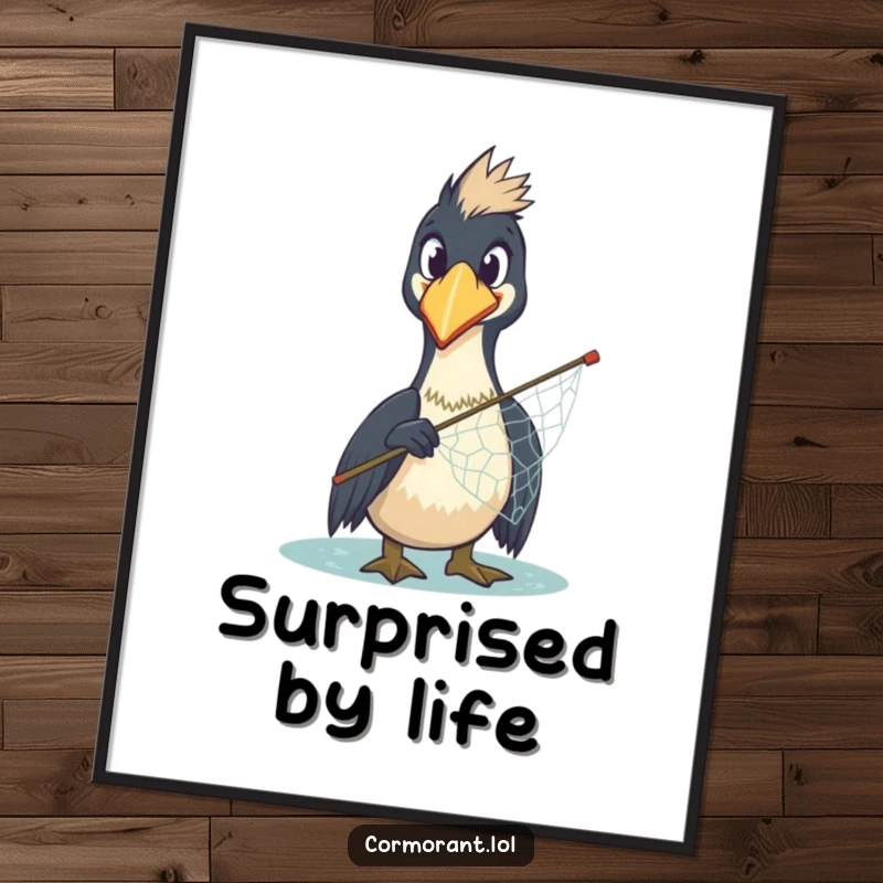 Funny Cormorant Poster: Captured in a moment of comical surprise, a cormorant awkwardly holds a misplaced net, creating humorous wall decor.