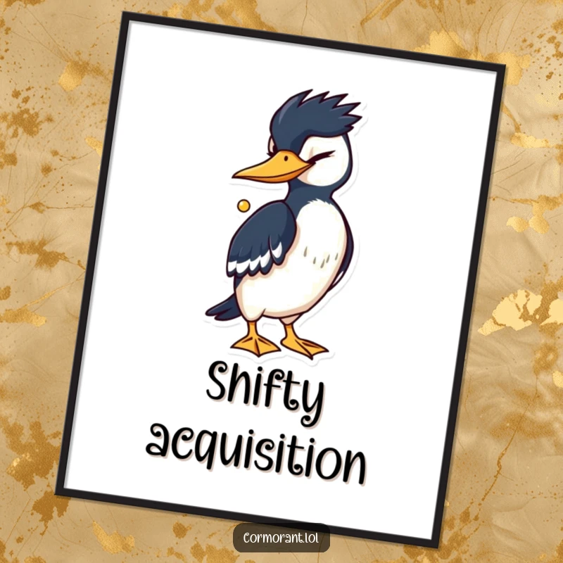 Funny Cormorant Poster: A cormorant winks conspiratorially, holding a gleaming object, adding humorous mystery to any space.