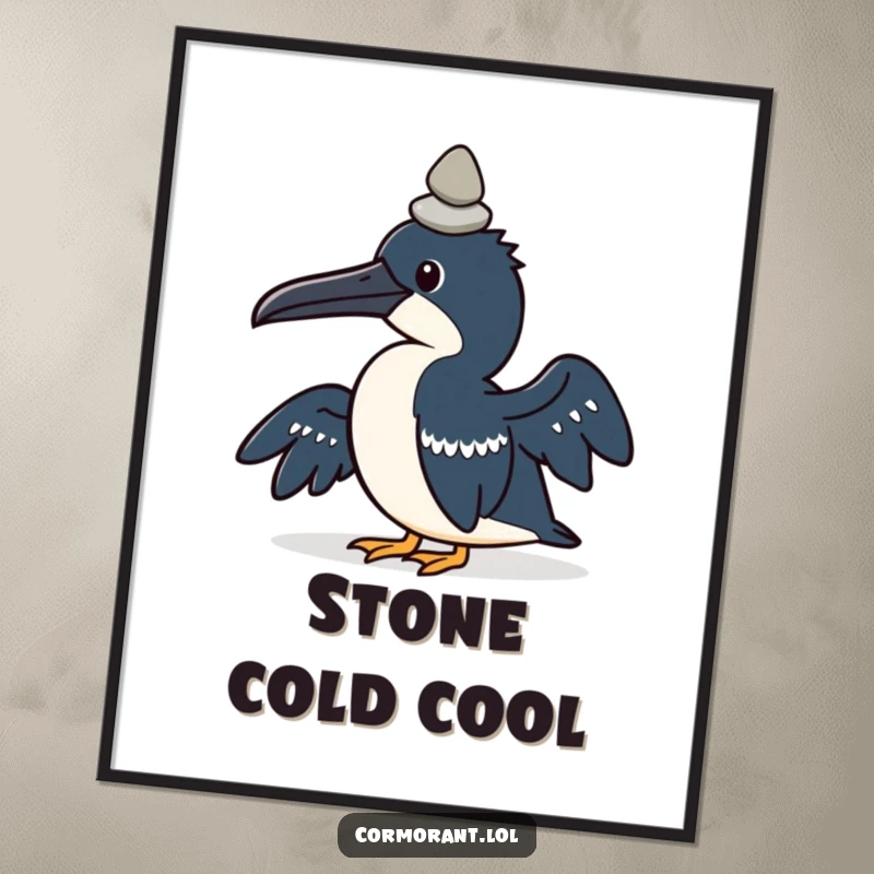 Funny poster print of a kawaii cormorant bird concentrating on balancing a small pebble on its head.