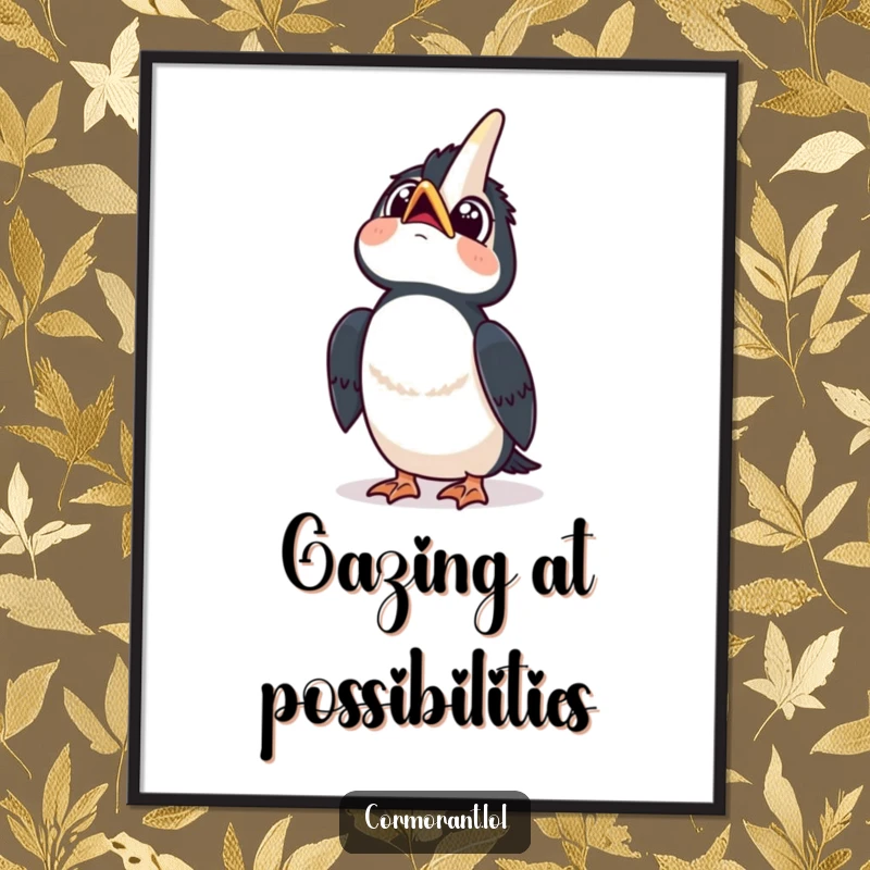 Funny poster of a kawaii cormorant looking up at the sky with wide, curious eyes and a happy tilt, inspiring contemplation.