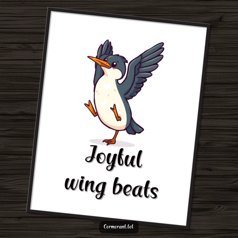 Funny kawaii cormorant poster showing a small, happy bird flapping its wings in a joyful dance, ideal for cheerful decor.