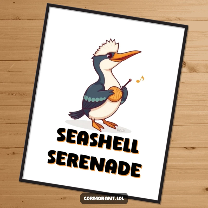 Funny Cormorant Poster depicting a cormorant playing a cheerful tune on a seashell, bringing musical humor and charm to wall decor.