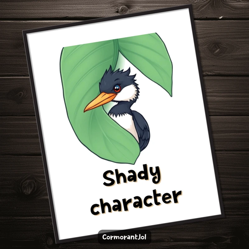 Funny Cormorant Poster: A humorous cormorant caught in the act of peeking from behind a large, dripping wet leaf.