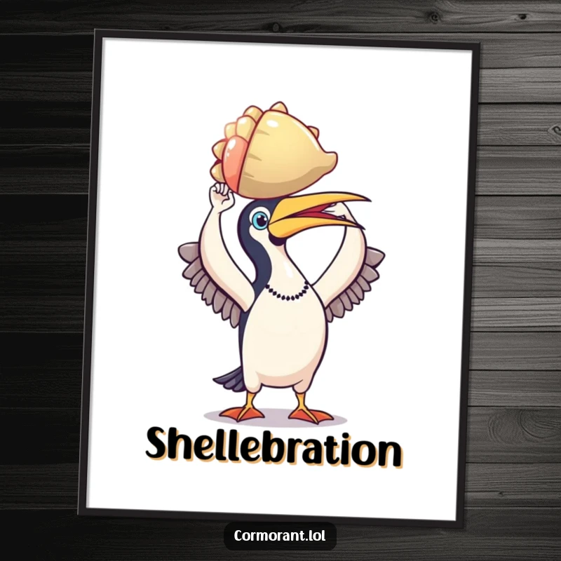 Funny cormorant poster, triumphant bird holding a shiny, colorful shell aloft, depicting a successful hunt and collector's pride, coastal art.