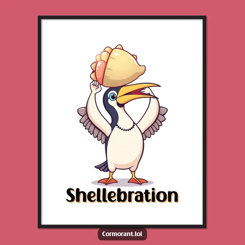 Funny Cormorant Shell Triumph Poster - Majestic Bird's Ocean Art Print