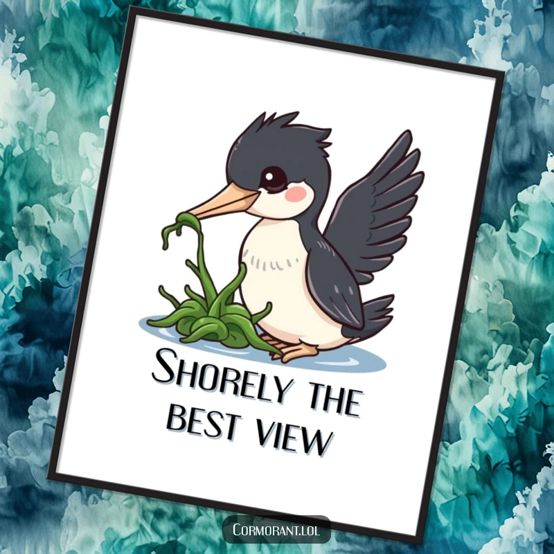 Funny cormorant poster, a kawaii bird gently nudging a piece of floating seaweed with its beak, capturing a moment of playful innocence.