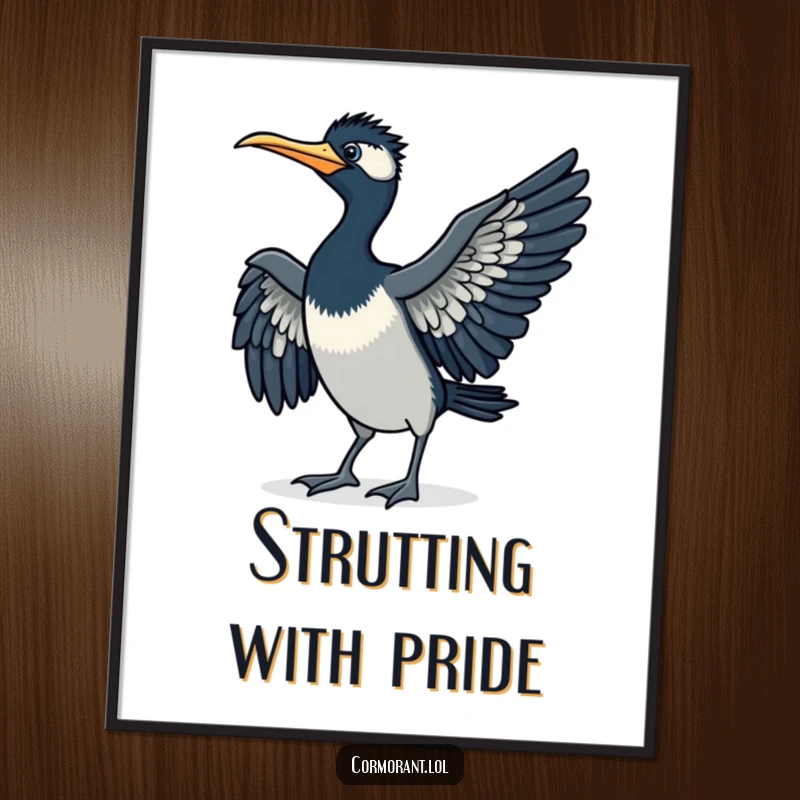 Funny cormorant poster, doing a little strut, wings spread, humorous wall art, perfect for a quirky funny gift.