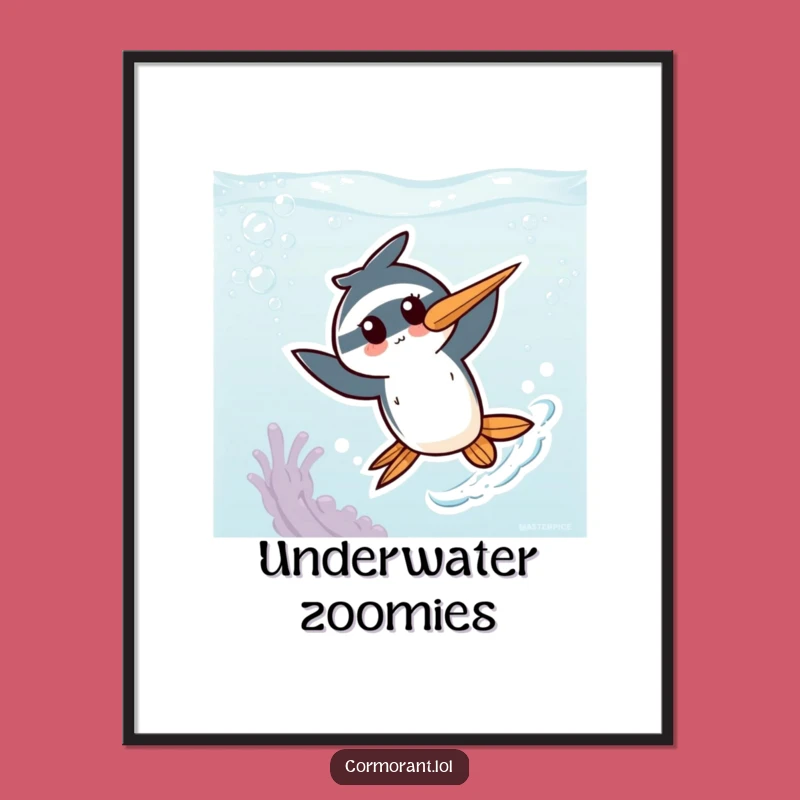 Funny Kawaii Cormorant Poster: Energetic Underwater Art for Cheerful Walls