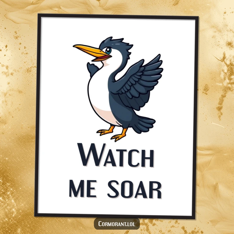 Funny Cormorant with wings flapping vigorously on a poster, capturing the intense moment before taking flight.