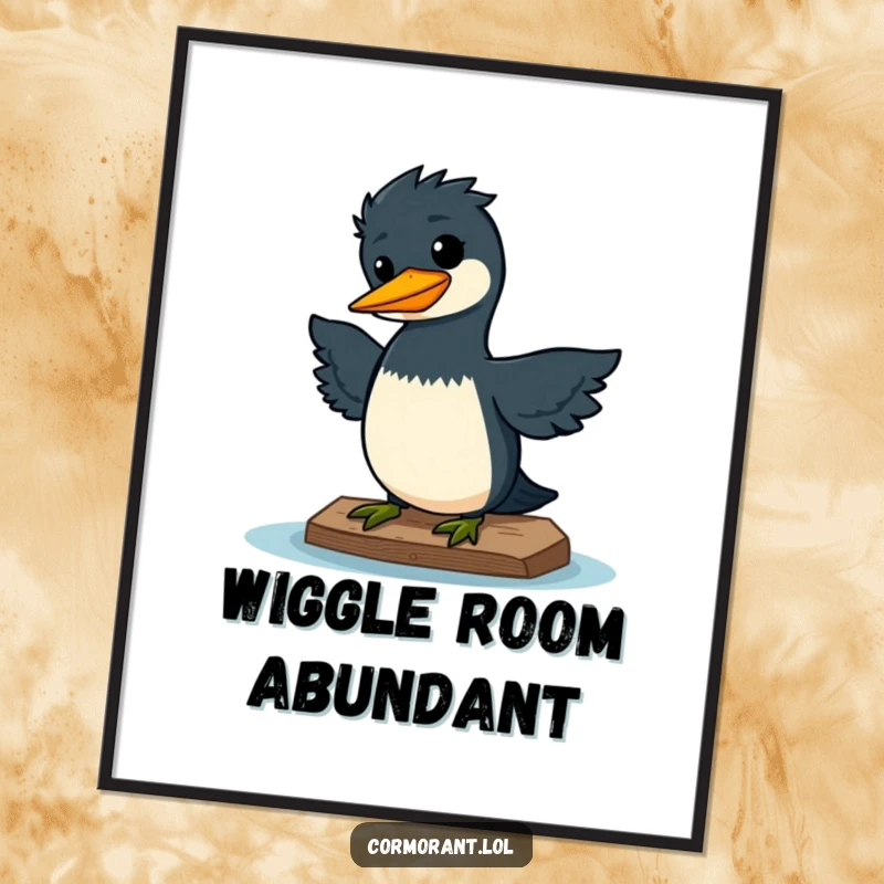 Funny poster of a kawaii cormorant doing a silly wiggle on a dock, looking very pleased, bringing cheerful vibes.