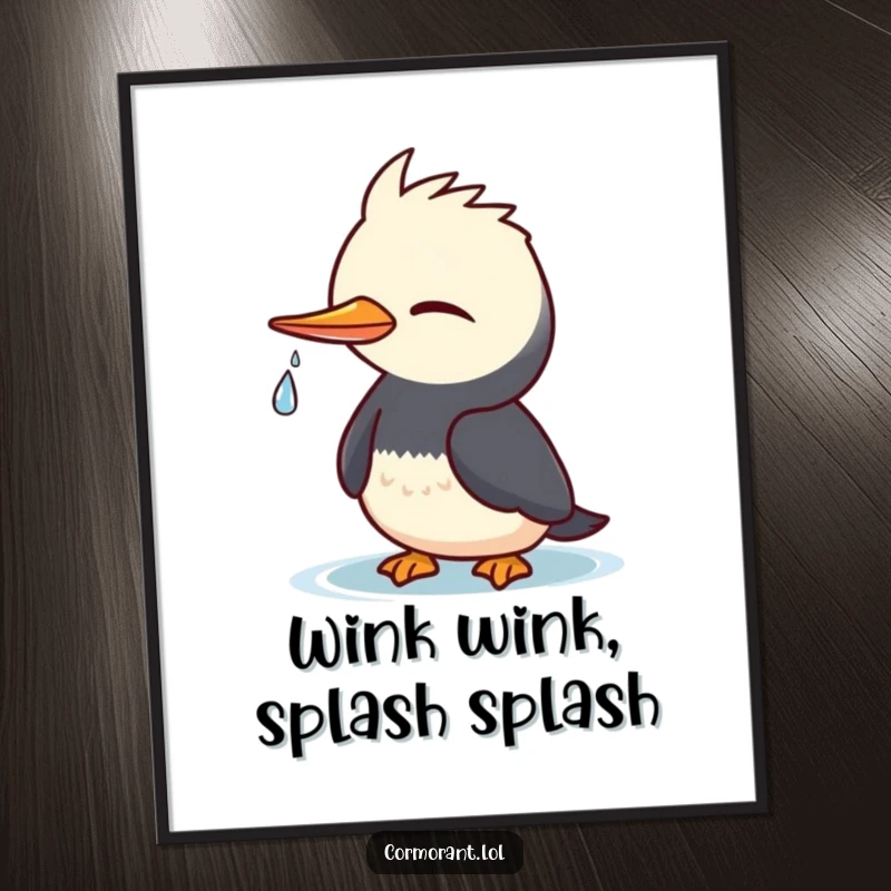 Funny Cormorant Poster: Charming kawaii bird winking, a tiny water droplet, vibrant wall art, funny gift.
