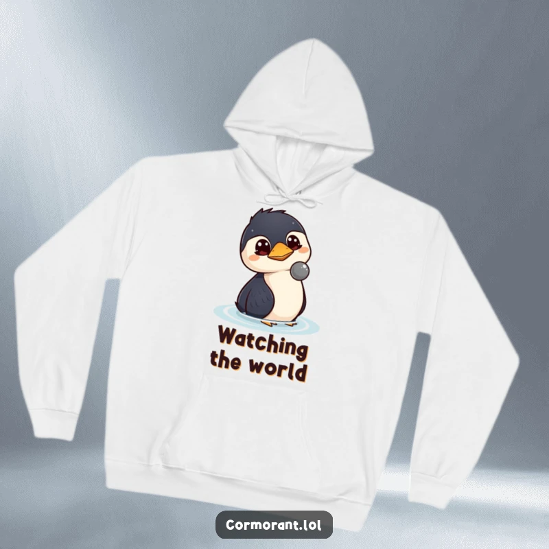 Funny kawaii cormorant hoodie featuring a bird with wide, curious eyes observing a floating object, offering warmth and thought.