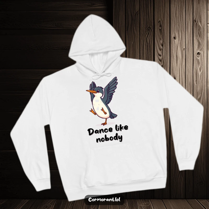 Funny kawaii cormorant hoodie featuring a small, happy bird flapping its wings in a joyful dance, perfect for cozying up.