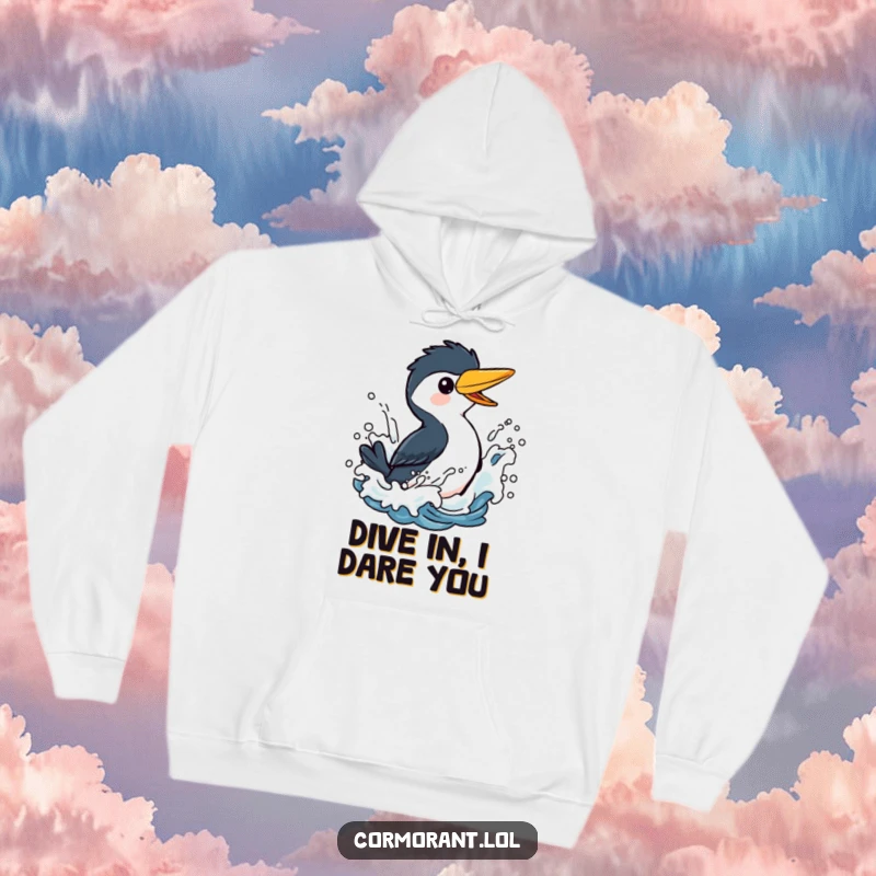 Funny Cormorant Hoodie: A happy bird joyfully splashing in rolling ocean waves, designed for comfort and a good dose of seaside humor.