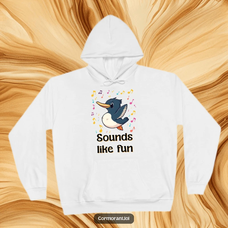 Funny cormorant hoodie showcasing a cormorant with a playful grin swimming through a vibrant cascade of colorful, floating musical notes, embodying musical joy.