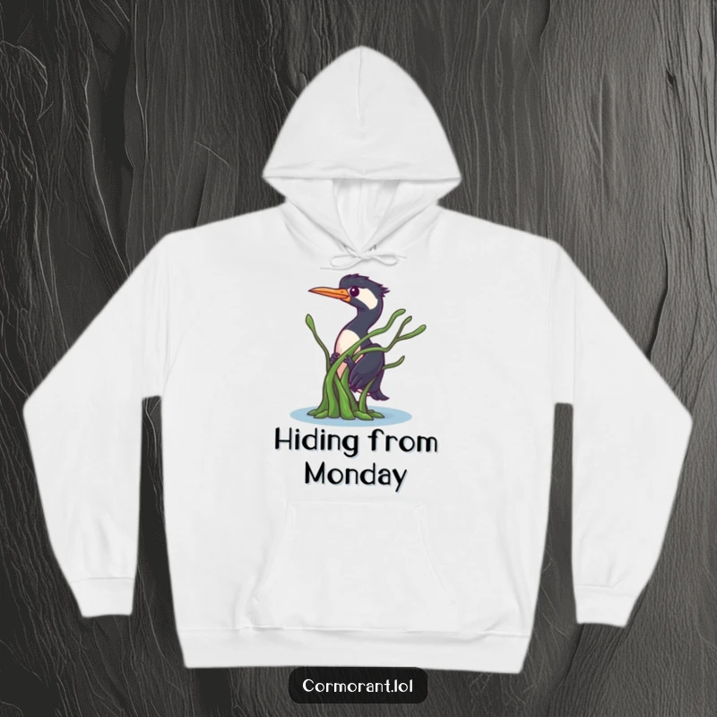 Funny Cormorant Hoodie: A curious bird peeking from behind a piece of seaweed, designed for comfort and a hint of playful mystery.
