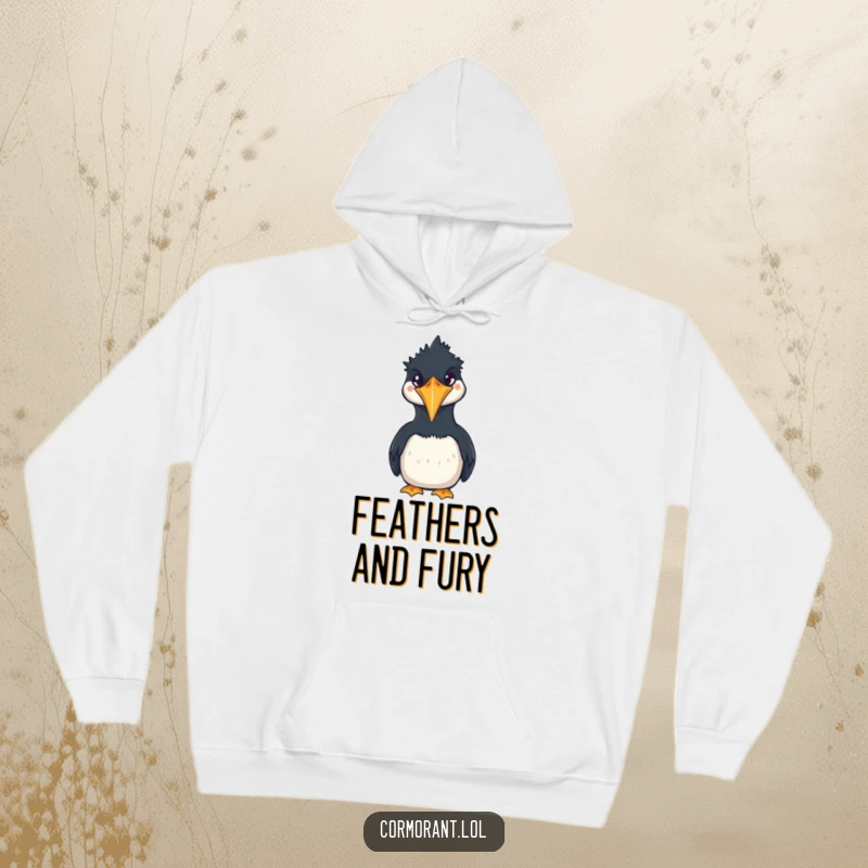 Funny Cormorant Hoodie showcasing a charming, squawking kawaii bird with a funny expression, great for chilly days and laughs.
