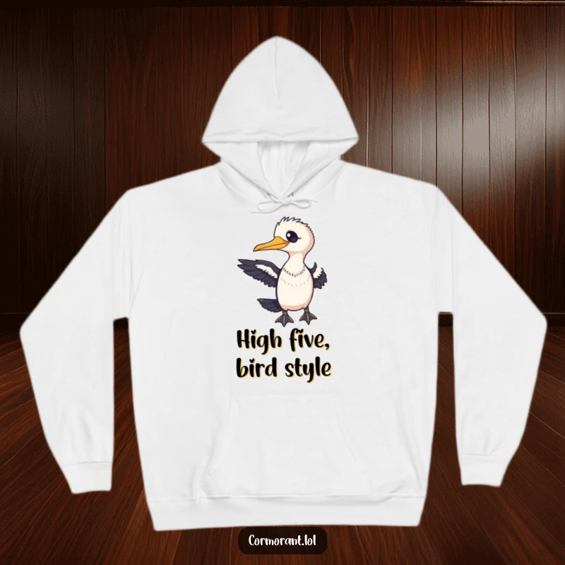 Funny Cormorant Hoodie featuring a friendly bird extending a wing towards the viewer, perfect for a warm embrace.