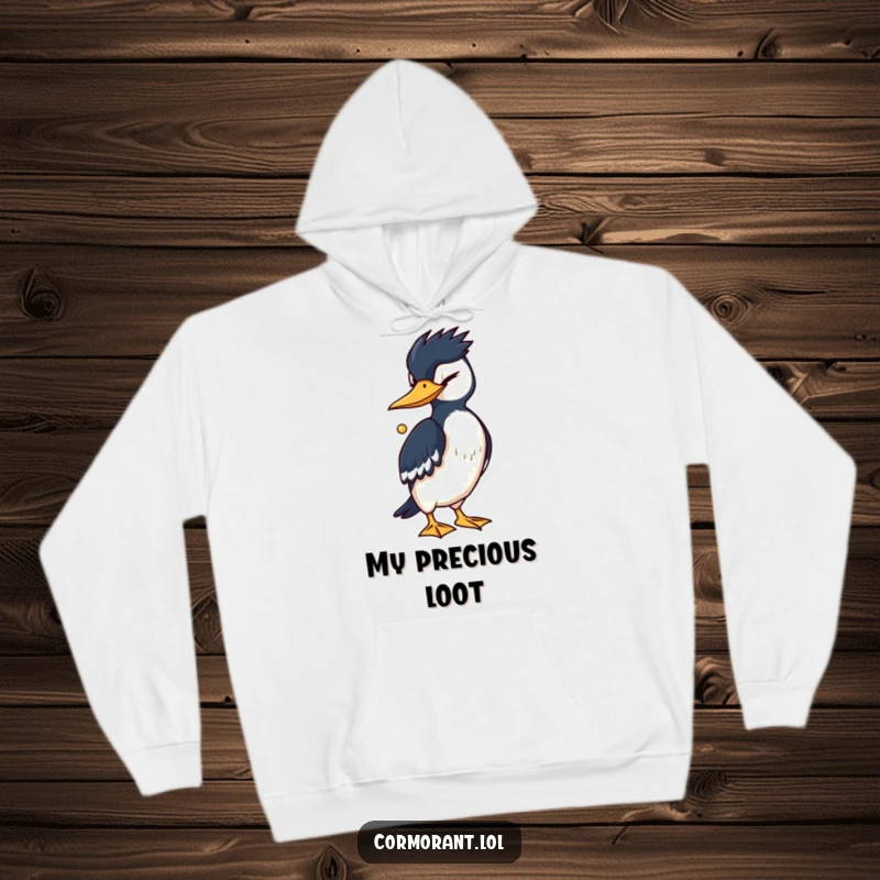 Funny Cormorant Hoodie: A cormorant winks with a secret smile, holding a shiny prize, a humorous take on shrewdness.