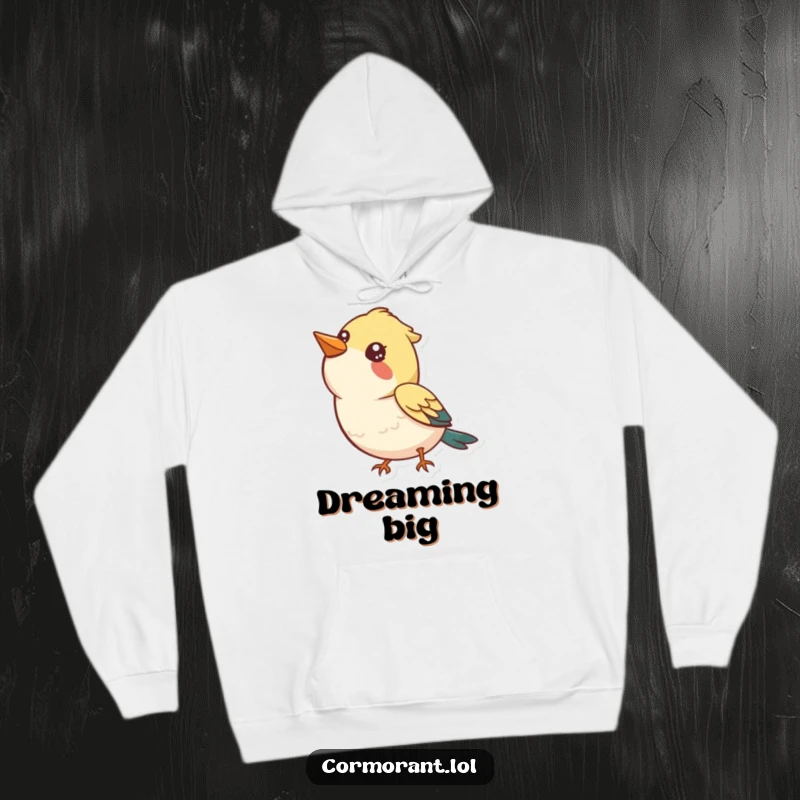 Funny Hoodie: A bird looking up at the sky with a curious, happy expression, radiating warmth.