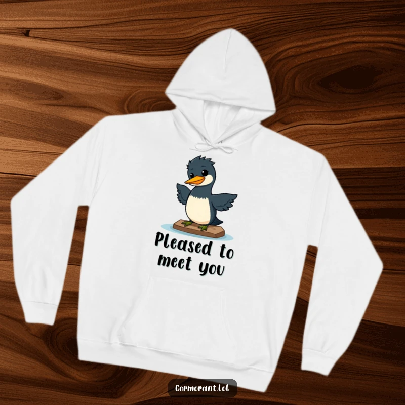 Funny hoodie with a kawaii cormorant doing a silly wiggle on a dock, looking pleased and content, perfect for cozy joy.