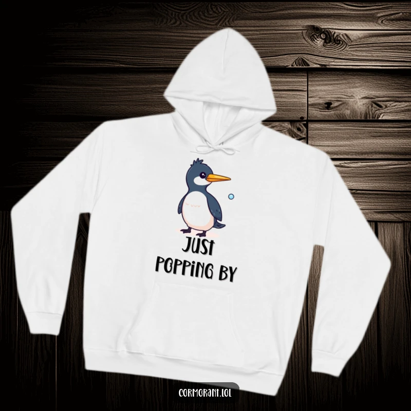Funny Cormorant Hoodie with a whimsical bird and a small bubble trailing behind it, perfect for cozy, fun vibes.