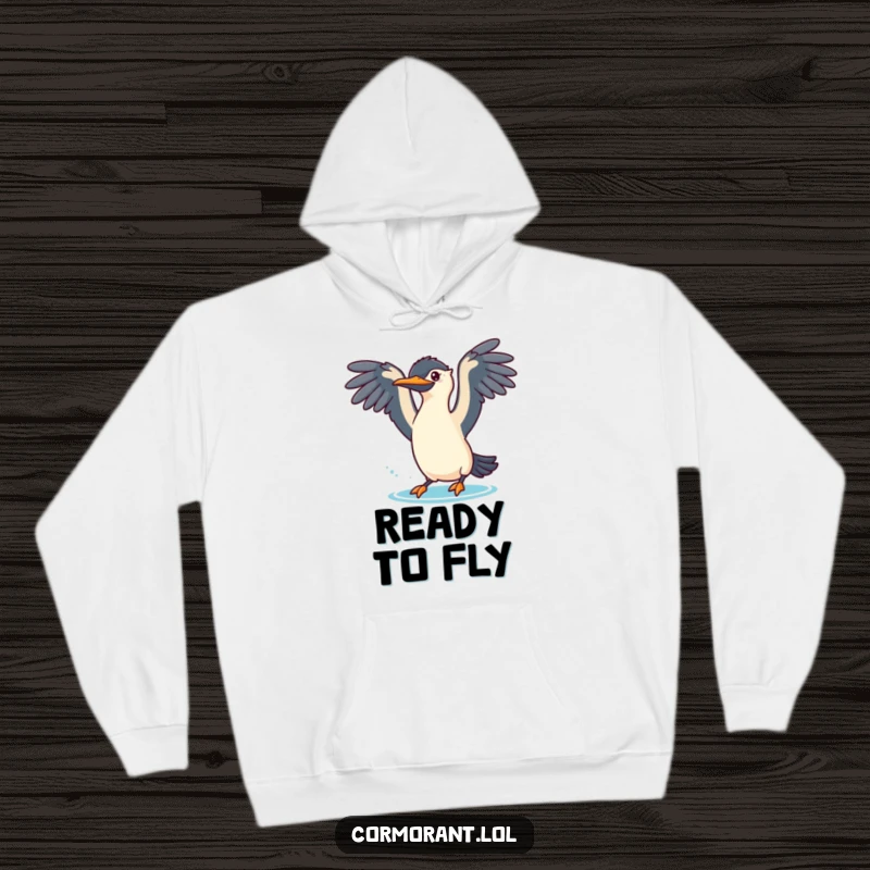 Funny cormorant hoodie showing a bird with wings spread, ready for a playful dive, perfect for cozy adventures.