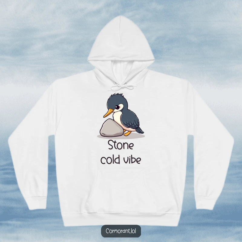 Funny kawaii cormorant gently nudging a smooth stone, cozy hoodie design, unique bird lover present, ideal funny gift.