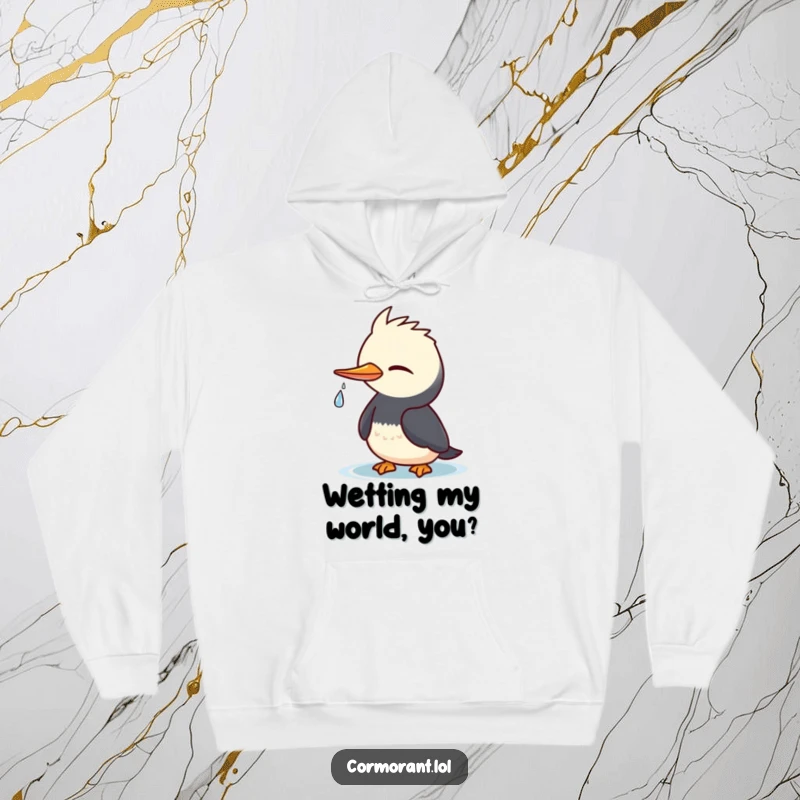 Funny Cormorant Hoodie: Adorable kawaii bird giving a sly wink, a sparkling water drop, cozy funny gift.