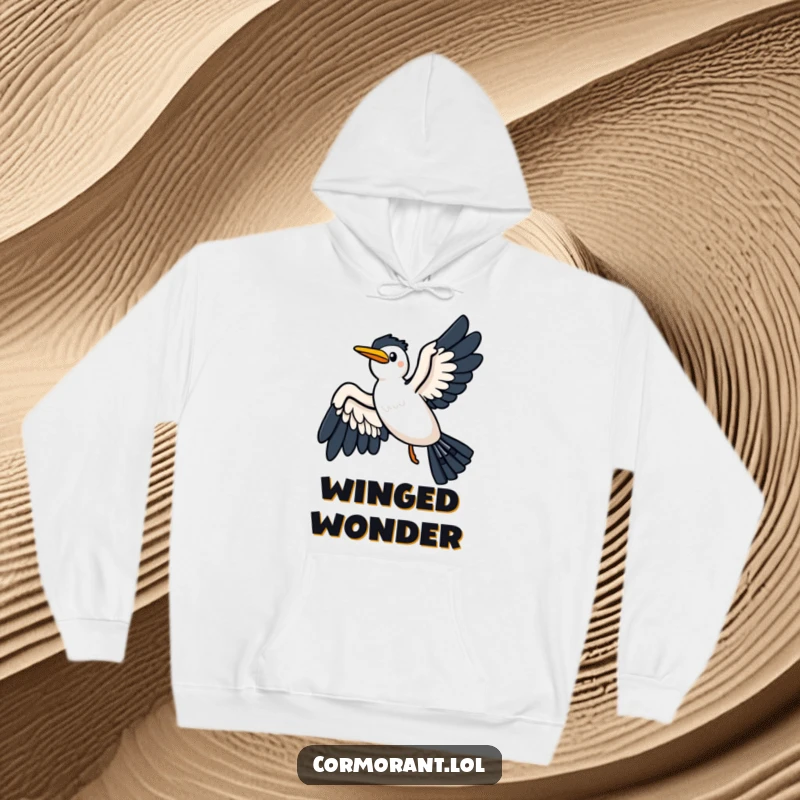 Funny hoodie with a kawaii cormorant gracefully gliding on a breeze, wings spread wide, embodying peaceful flight.