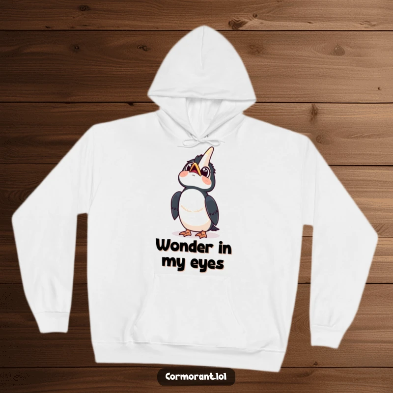 Funny hoodie with a kawaii cormorant looking up at the sky with wide, curious eyes and a happy tilt, for cozy contemplation.