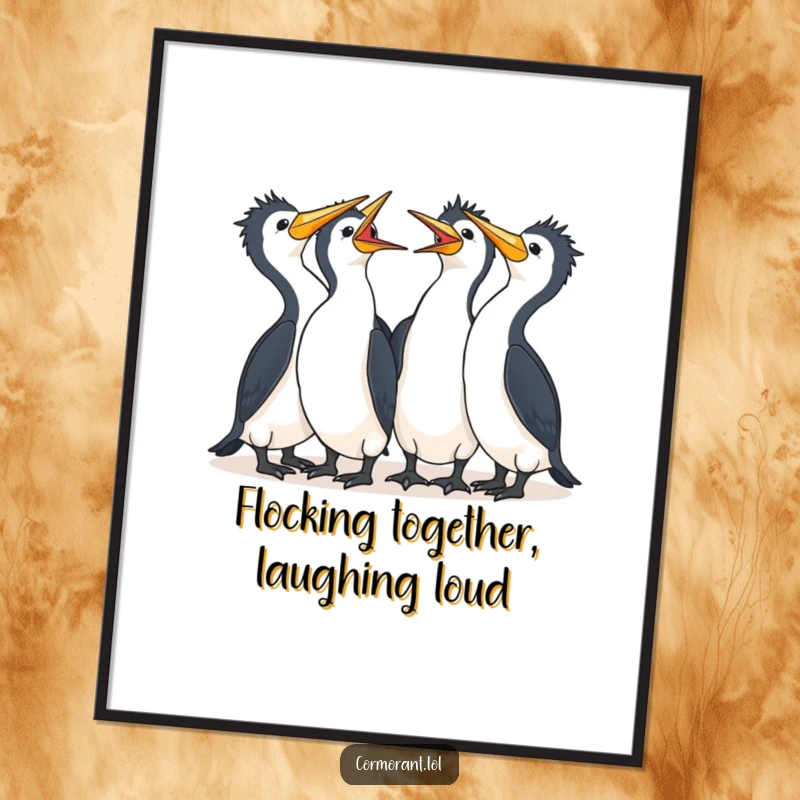 Amusing Free Printable Wall Art: A group of adorable kawaii cormorants huddled close, eyes crinkled in shared, hearty laughter.