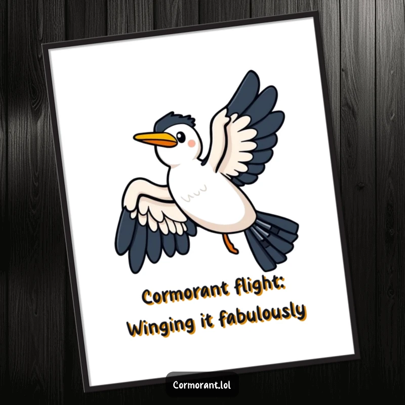 Funny free printable wall art: a kawaii cormorant glides joyfully on a breeze with its wings spread wide.