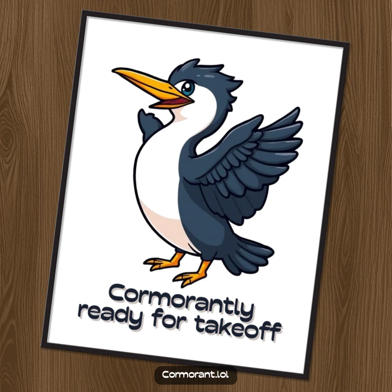 Funny Free Printable Wall Art capturing the powerful moment a cormorant vigorously flaps its wings, preparing to launch into the sky.