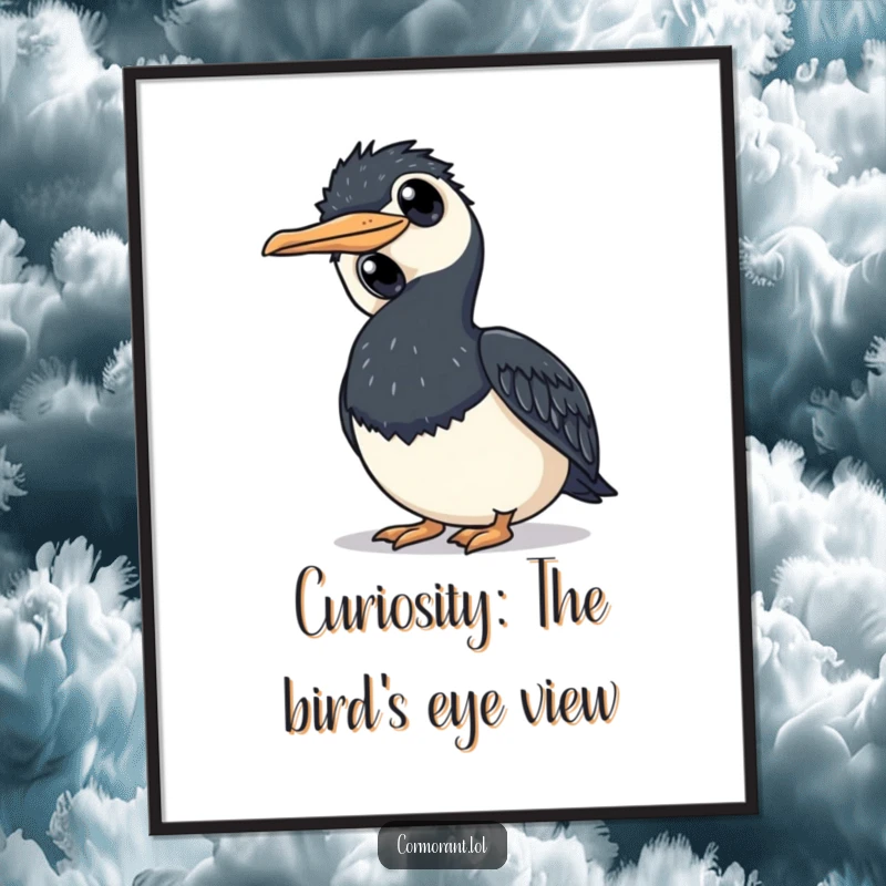 Funny Free Printable Wall Art of a cormorant tilting its head, big round eyes expressing charming curiosity.