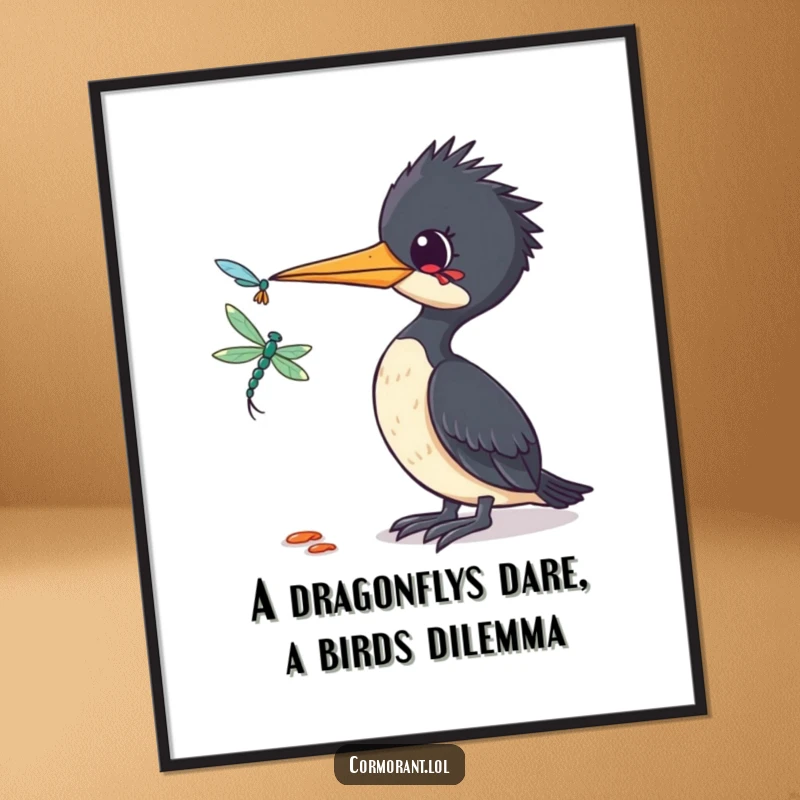 Funny Free Printable Wall Art: Cormorant tilts its head curiously at a dragonfly. Whimsical bird art, downloadable decor.
