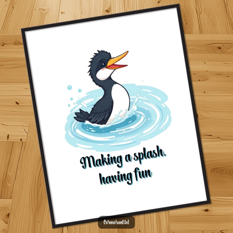 Funny Free Printable Cormorant Wall Art: A cormorant splashes gleefully in a bubbly azure pond, bringing playful energy.