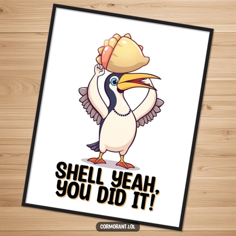 Funny Free Printable Cormorant Wall Art: A triumphant cormorant holds a colorful shell high, a symbol of proud achievement.