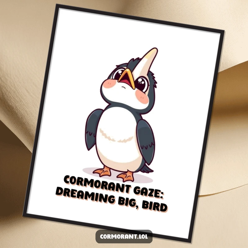 Funny free printable wall art: a kawaii cormorant looks up at the sky with wide, curious eyes and a happy tilt.