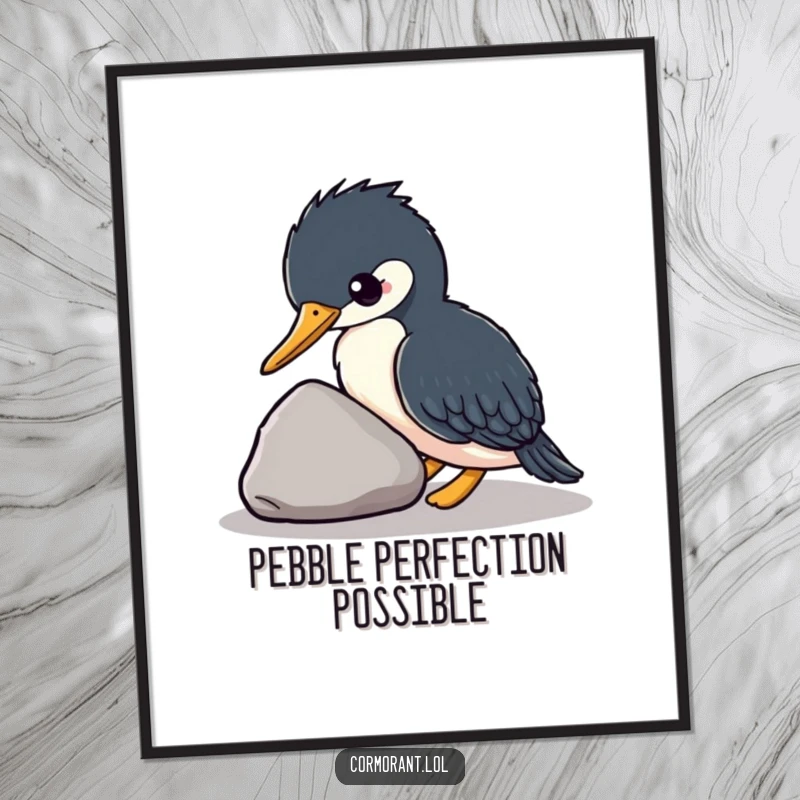 Funny Free Printable Wall Art: Kawaii cormorant playfully nudging a stone, adding whimsical and humorous charm to any room.