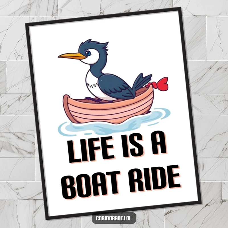 Funny Free Printable Wall Art: A cormorant sailing merrily in a small, whimsical boat.
