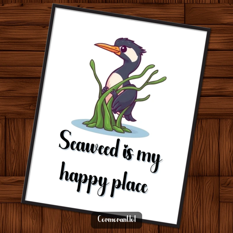 Funny free printable wall art: A cormorant character playfully peeks from behind a large piece of floating seaweed.