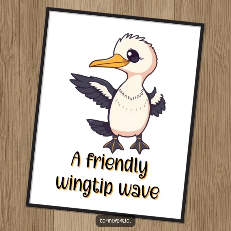 Funny Free Printable Wall Art: Cormorant with a welcoming gaze, extending a wing in a friendly, humorous invitation.