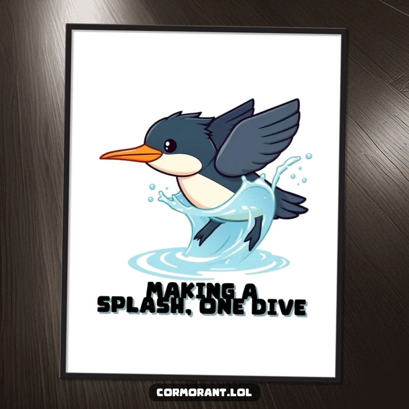 Funny Free Printable Wall Art: A cute kawaii cormorant dives gracefully into sparkling blue water with an energetic splash.