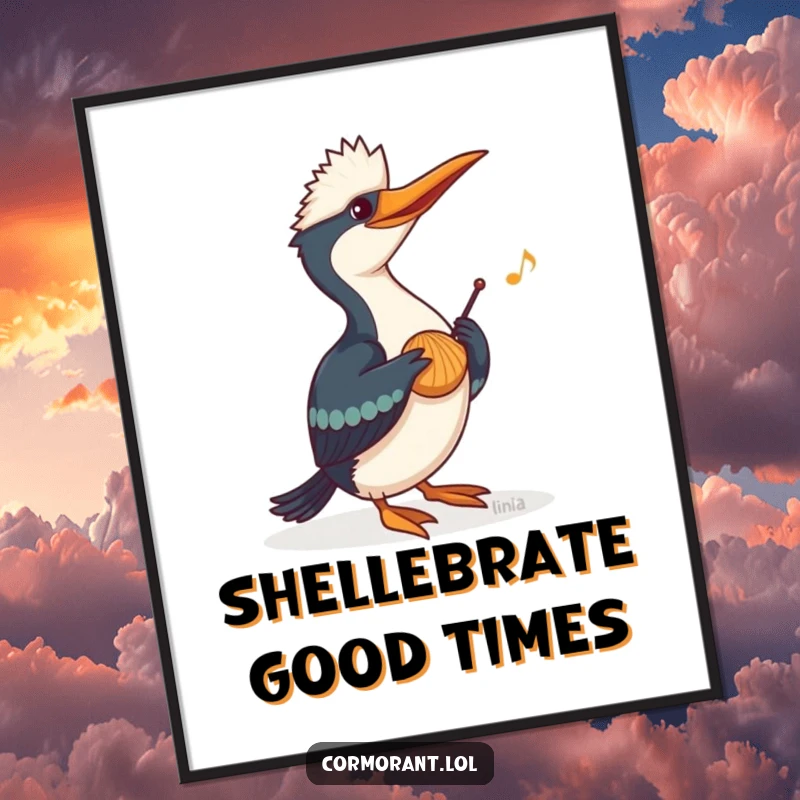 Funny Free Printable Wall Art: A cormorant plays a cheerful, happy tune on a seashell.