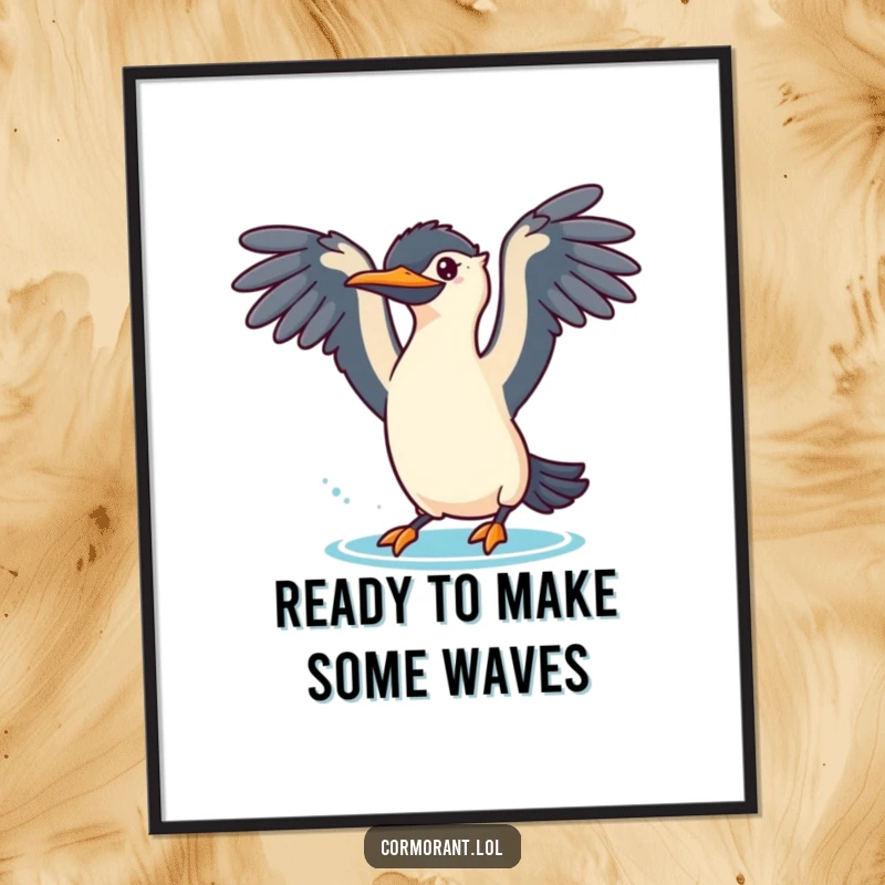 Funny free printable wall art of a cormorant with wings spread wide, captured mid-pose for a playful, energetic dive, ready to hang.