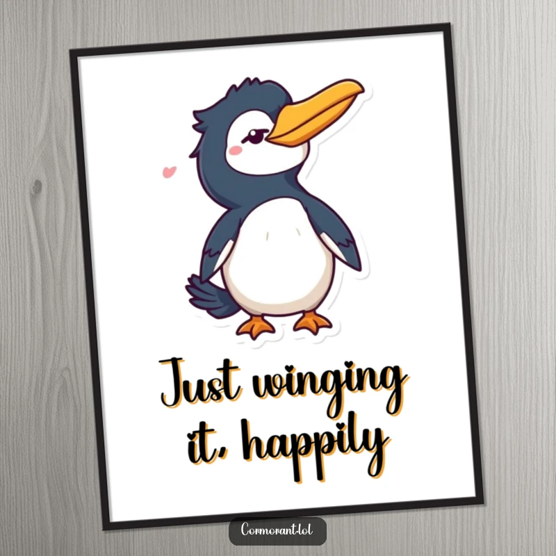Funny free printable wall art: A cormorant character gives a knowing wink and a sassy tail flick.