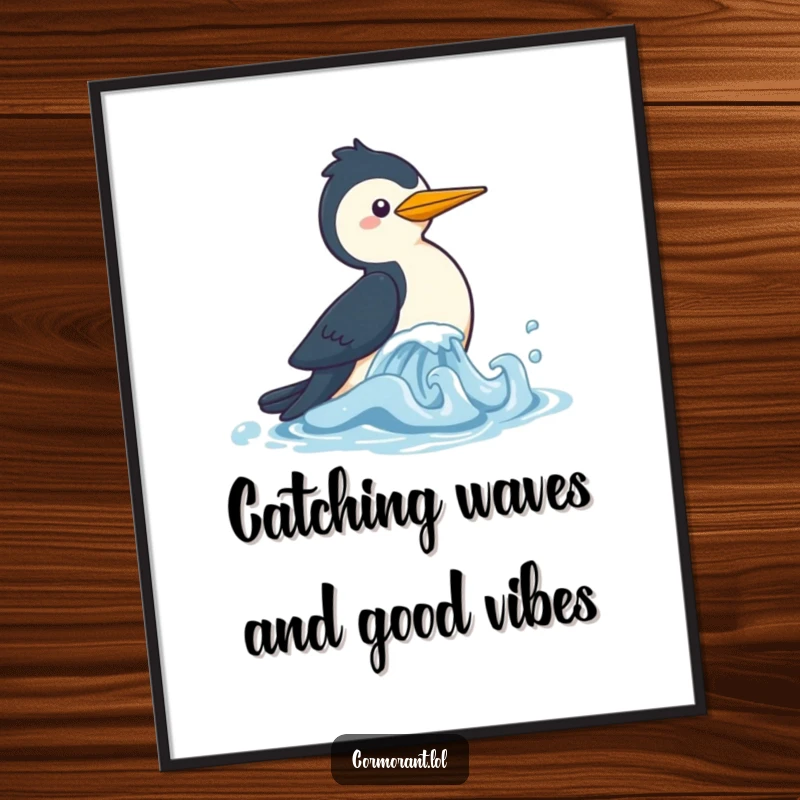 Playful Free Printable Wall Art: A happy kawaii cormorant joyfully pursuing a small, bobbing wave by the sea.