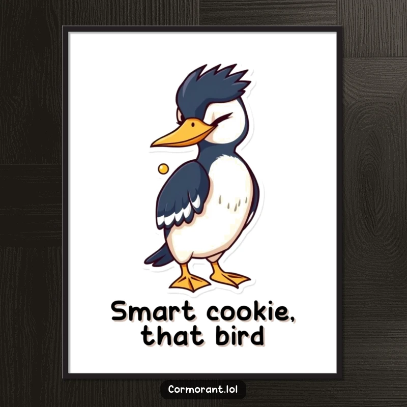 Funny free printable wall art of a cormorant winking knowingly, clutching a small, shiny, prized object.