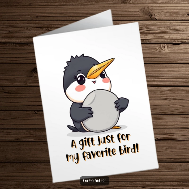 Funny Free Printable Birthday Card: A smiling cormorant proudly offers a smooth grey pebble. Sweet and humorous bird art.